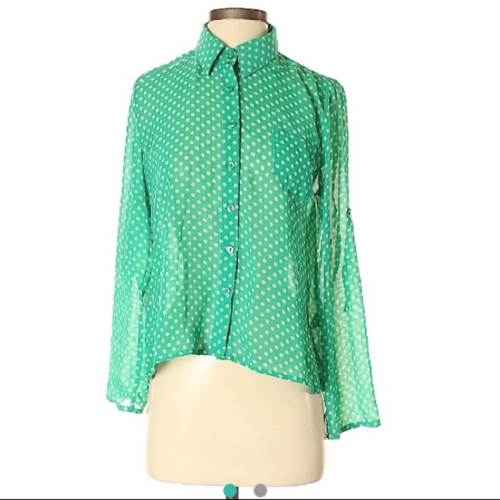 Forever 21 green, polka-dotted 3/4”blouse, S